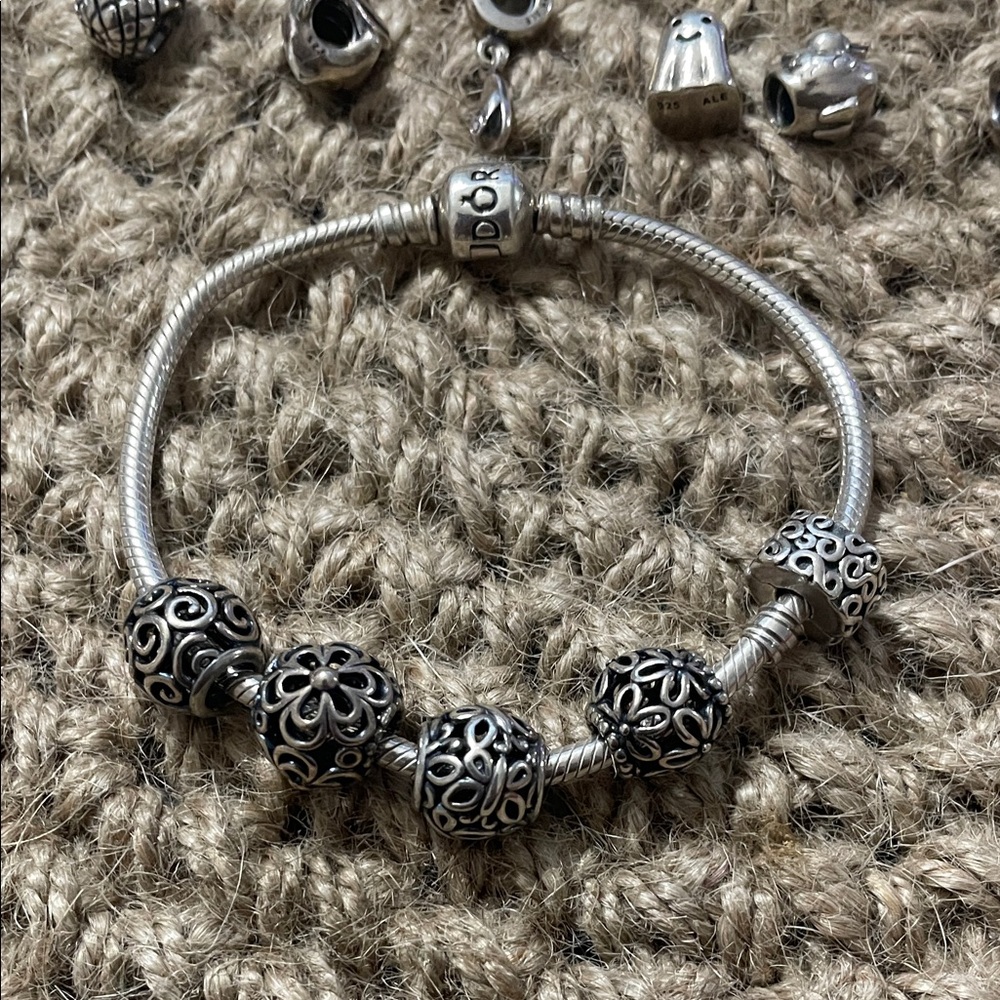 Pandora sterling Silver bracelet and Charms with Intricate Designs